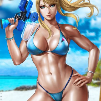 1girls, abs, ass, beach, big ass, big breasts, bikini, blonde hair, blue eyes, blurry background, breasts, cleavage, dandon fuga, digital media (artwork), female