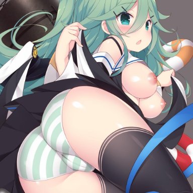 ass, black bow, black legwear, black ribbon, blue ribbon, blush, bow, breasts, cameltoe, commentary request, detached sleeves, eyebrows visible through hair, female, green eyes, green hair