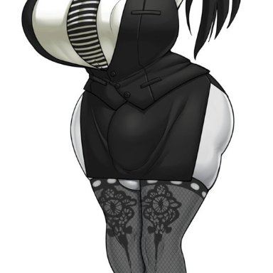 1futa, black hair, black lips, breasts, bulge, clothed, color, curvy, futanari, glasses, goth, gray impact, grey skin, hands behind head, heels