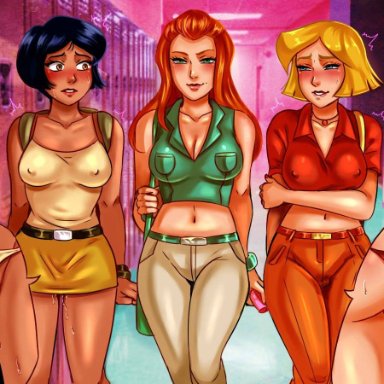 3girls, alex (totally spies), anal insertion, ass, black hair, blonde hair, breasts, chocolateb0mb, cleavage, clover (totally spies), curvy, cutaway, double penetration, erect nipples, female