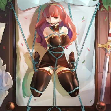 arms behind back, ball gag, bed, black thighhighs, bondage, bound, bound ankles, bound arms, bound legs, bound to bed, breasts, busty, celica, celica (fire emblem), cleavage