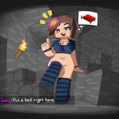 bottomless, crossover, jenny belle, minecraft, minus8, slipperyt, solo, solo female, stockings, thought bubble