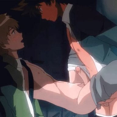 2boys, anal, animated, blush, cum on body, digimon, erect penis, gay, male only, maoh king, multiple boys, nipples, penetration, school, school uniform