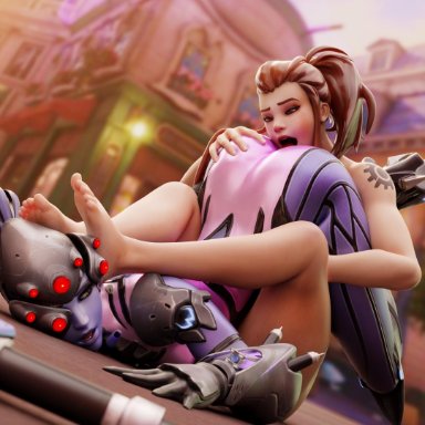 2girls, 3d, absurdres, ass, barefoot, brigitte, feet, female, female only, fireboxstudio, highres, open mouth, oral, overwatch, toes