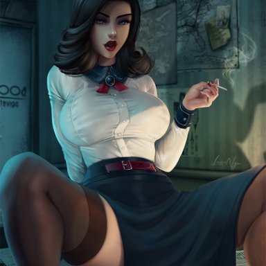 1girls, 2019, alternate breast size, ass, belt, beltskirt, big ass, bioshock infinite, black hair, blue eyes, breasts, brown hair, choker, cigarette, clothed