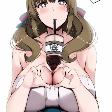 1girls, breasts, brown hair, bubble tea challenge, busty, cleavage, clothed, clothes, drink, drinking, female, female only, heart, heart eyes, heart-shaped pupils