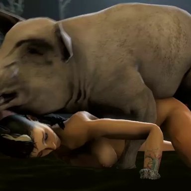 3d, animated, bestiality, black hair, clara lille, doggy style, juliojakers, pig, watch dogs, zoophilia