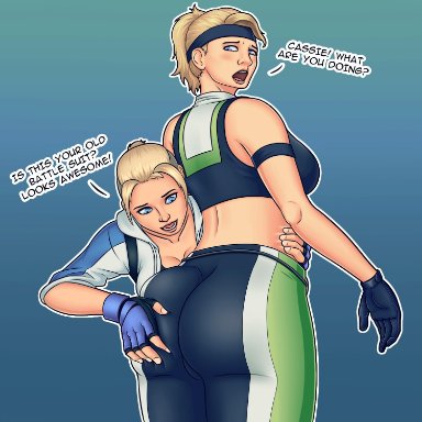 ass, ass grab, big butt, blonde hair, blue eyes, breasts, busty, cassie cage, cleavage, crop top, dirtyplaster, fingerless gloves, fitness, gloves, gym uniform