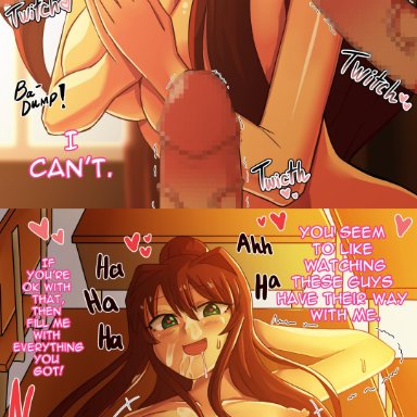 acefish, areolae, big breasts, big penis, blush, brown hair, cum, cum on body, doki doki literature club, green eyes, group sex, heart, heart-shaped pupils, highres, imminent sex