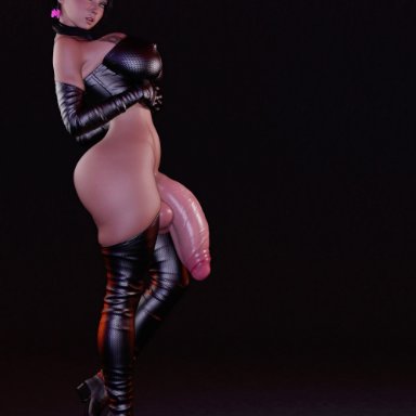 1futa, 3d, 3dx851, amazon, arm sleeves, ass, balls, big balls, big penis, black hair, blue eyes, bottomless, breasts, club shaped penis, curvy