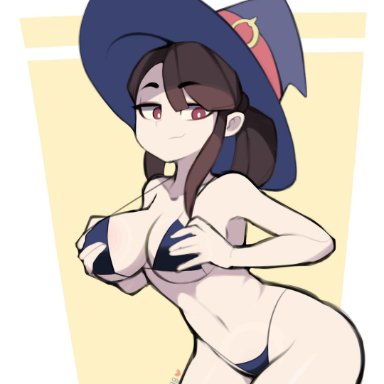 akko kagari, bikini, brown hair, female, grabbing own breast, huge breasts, little witch academia, looking away, postblue98, red eyes, smile, smirk, solo, witch, witch hat
