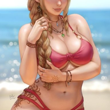 1girls, bikini, blonde hair, breasts, cleavage, elf, female, female only, original, original character, pinup, sciamano240