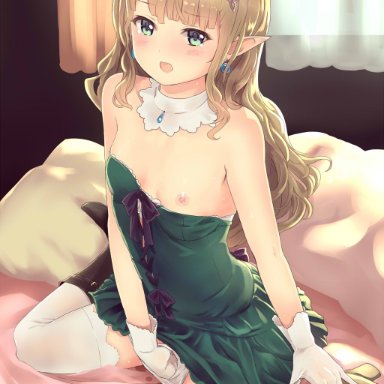 areolae, bangs, bare arms, bare shoulders, bed, bed sheet, blonde hair, blush, boots, breasts, brown footwear, commentary request, culter, curtains, day