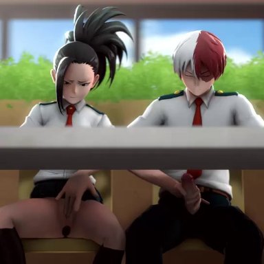 3d, animated, buttplug, eijirou kirishima, erection, female, greatm8, handjob, male, momo yaoyorozu, my hero academia, penis, public, pussy, sex toy