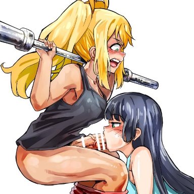 2girls, bangs, bare shoulders, black hair, blonde hair, blue eyes, blunt bangs, breasts, censored, danberu nan kiro moteru?, dumbbell, fellatio, futanari, green eyes, large breasts