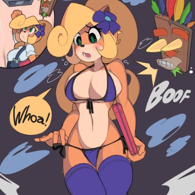 1girl, aku aku, animal ears, anthro, bandicoot, big breasts, bikini, black nose, blonde, blonde hair, blue bikini, blue flower, blue legwear, blue stockings, blue swimsuit