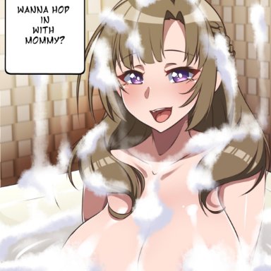 1girls, bathtub, breasts, brown hair, convenient censorship, covering breasts, female, female only, half-closed eyes, huge breasts, milf, mother, nude, oosuki mamako, patreon