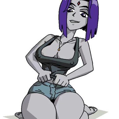 animated, big breasts, breast squeeze, dboy, erect nipples, grey nipples, raven, teen titans