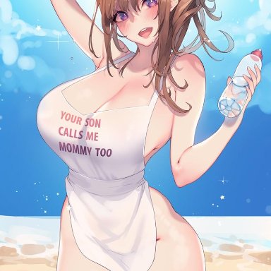1girls, apron, beach, big breasts, breasts, brown hair, clothing, female, female only, hair, large breasts, mature, mature female, milf, nanoless