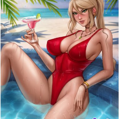 1girls, alcohol, aroma sensei, beach, big breasts, blonde hair, bracelet, breasts, classy, clothing, cover, drunk, female, female only, hair