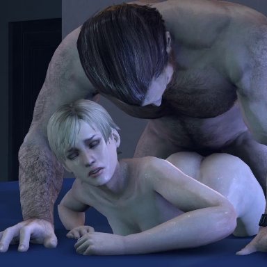 1boy, 1girls, 3d, age difference, ambiguous penetration, animated, ass, barry burton, bed, biceps, big dom small sub, blonde hair, cross-eyed, dimples of venus, domination