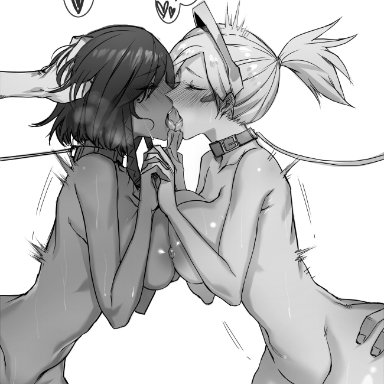 2girls, bisexual (female), blush, breast press, closed eyes, collar, dark skin, doggy style, eye of horus, french kiss, greyscale, group sex, hair grab, heart, highres