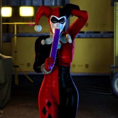 1girls, 3d, animated, batman (series), bouncing breasts, breasts, dc, fellatio, female, female only, harley quinn, harley quinn (classic), lordaardvark, masturbation, oral