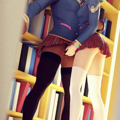 2girls, 3d, academy d.va, alternate costume, blender, d.va, dark skin, dark-skinned female, female, female only, interracial, junkerz, kissing, miniskirt, overwatch