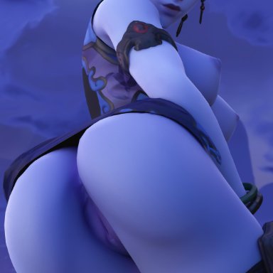 1girls, 3d, absurdres, alternate costume, areolae, ass, black lily widowmaker, blender, breasts, female, female only, highres, looking at viewer, looking back, nipples