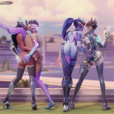 3d, 8girls, alternate costume, areolae, ass, ass grab, blender, breasts, brigitte, buttplug, d.va, dark skin, dark-skinned female, female, female only