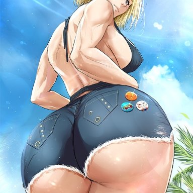 1girls, alternate breast size, android 18, ass, back, badge, beach, bikini, blonde hair, blue background, blue eyes, breasts, clothed, clouds, day