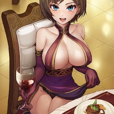 :d, 1girls, bangs, beauty mark, big breasts, black panties, blue eyes, blush, breasts, brown hair, chair, cup, detached sleeves, dress, dress lift