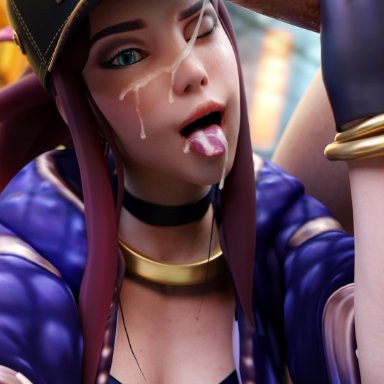 1boy, 1girls, akali, blender, cum, cum on face, cum on tongue, erection, facial, female, fireboxstudio, handjob, k/da akali, k/da series, league of legends