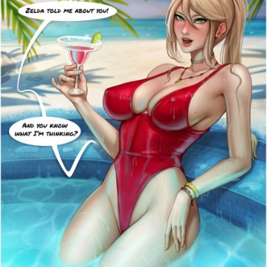 1girls, absurd res, aroma sensei, artist name, beach, big breasts, blonde hair, bracelet, breasts, classy, clothing, comic, english text, female, female only