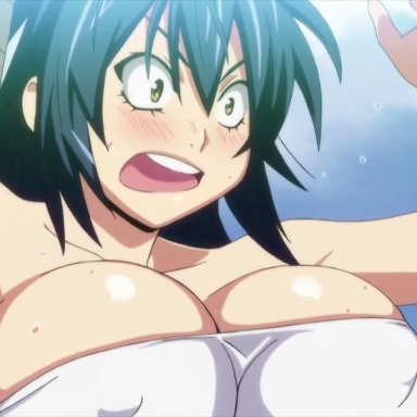 1girls, animated, bangs, bare shoulders, big breasts, blue eyes, blush, bouncing breasts, breasts, cleavage, green eyes, hair between eyes, huge breasts, kaneko hiraku, manyuu chifusa