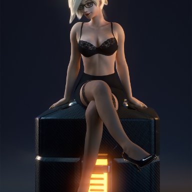 1girls, 3d, autodesk maya, blizzard entertainment, blonde hair, blue eyes, bra, female, female only, glasses, high heels, looking at viewer, lootbox, mercy, overwatch