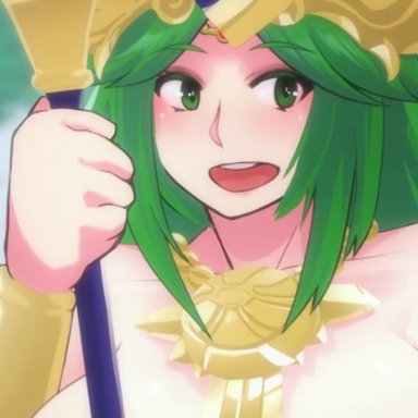 1boy, 1girl, age difference, ahegao, animated, big breasts, cowgirl position, female, femdom, green eyes, green hair, headgear, heart-shaped pupils, kid icarus, long hair