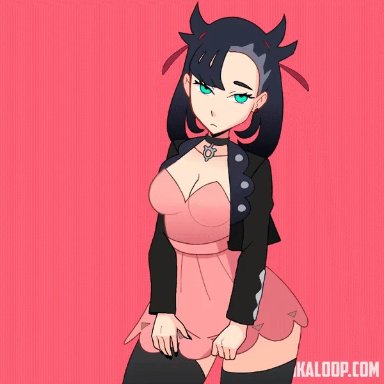 1girls, animated, black hair, breasts, dress, female, female only, green eyes, lifting skirt, marnie (pokemon), moikaloop, nintendo, panties, pokemon, pokemon ss