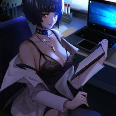 black hair, choker, cleavage, curvaceous, doctor, large breasts, lingerie, looking at viewer, persona, persona 5, smile, tae takemi, tagme, thighhighs, thighs