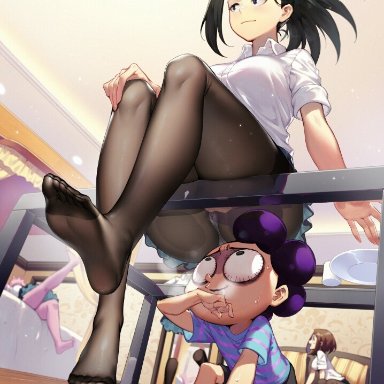 luode huayuan, mina ashido, minoru mineta, momo yaoyorozu, my hero academia, ochako uraraka, pantyhose, tagme