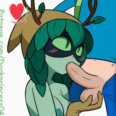 adventure time, animated, antlers, ball fondling, blowjob, blush, cartoon network, clothed male nude female, darkprincess04, finn the human, gloves, green skin, heart, hood, human on humanoid