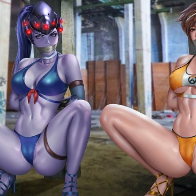 2girls, alexander dinh, arms behind back, blush, bondage, breasts, cleavage, female, female only, femsub, gag, looking at viewer, multiple girls, multiple subs, overwatch