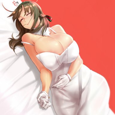 1girls, 2019, bed, breasts, brown hair, cleavage, closed eyes, clothed, curvy, dress, hair in mouth, hair strand, highres, huge breasts, milf