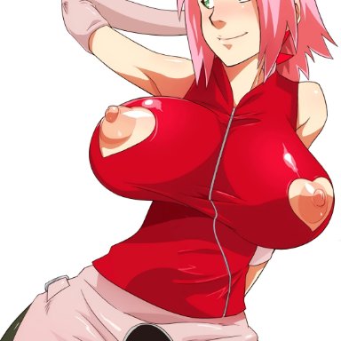 areola, areolae, arms behind head, big breasts, blush, breasts, busty, clothing, edit, female, female only, fully clothed, green eyes, large breasts, naruto