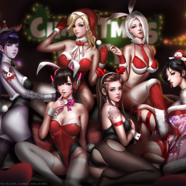 6girls, alternate costume, arm tattoo, ashe (overwatch), asian, asian female, ass, big breasts, black hair, black leotard, black stockings, blizzard entertainment, blonde hair, blue eyes, bow