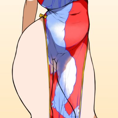 1girls, alternate breast size, alternate hairstyle, alternate outfit, arms behind back, bare shoulders, blue eyes, blush, breasts, china dress, chinese clothes, chubby, covered navel, dress, earrings