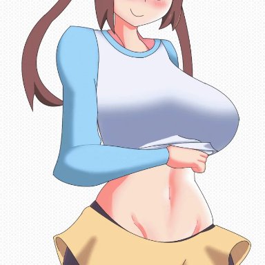 1girls, abs, alternate breast size, animated, animated gif, areolae, big eyes, blue eyes, blush, breasts, breasts out, brown hair, clothed, clothes, double bun