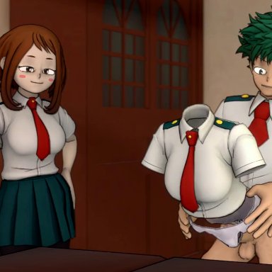 1boy, 2girls, 3d, animated, bent over, bouncing breasts, breasts, clothed, devilscry, doggy style, duo, erection, female, green eyes, green hair