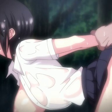 1boy, 1girls, ahe gao, animated, anus, arm grab, ass grab, black hair, black shoes, blank eyes, blush, bouncing breasts, censored, creampie, crying