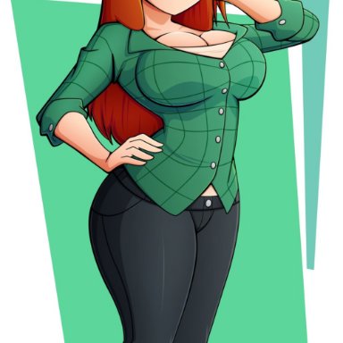 1girls, bedroom eyes, big breasts, boots, breasts, cleavage, female, female only, freckles, gravity falls, green shirt, hand on head, hand on hip, hat, jeans